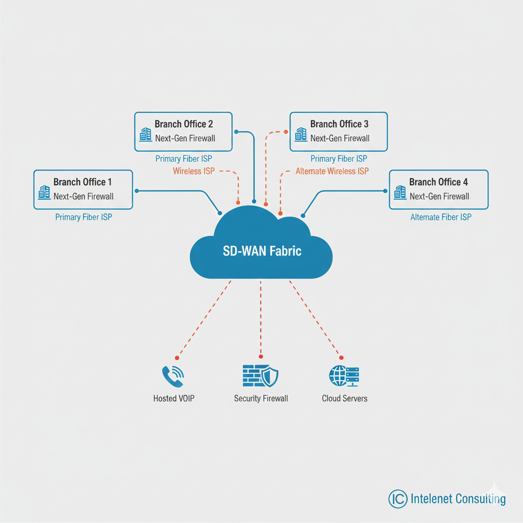 SD-WAN network diagram showing four branch offices connected by SD-WAN Fabric, featuring dual ISPs and Next-Gen Firewalls, branded Intelenet Consulting.